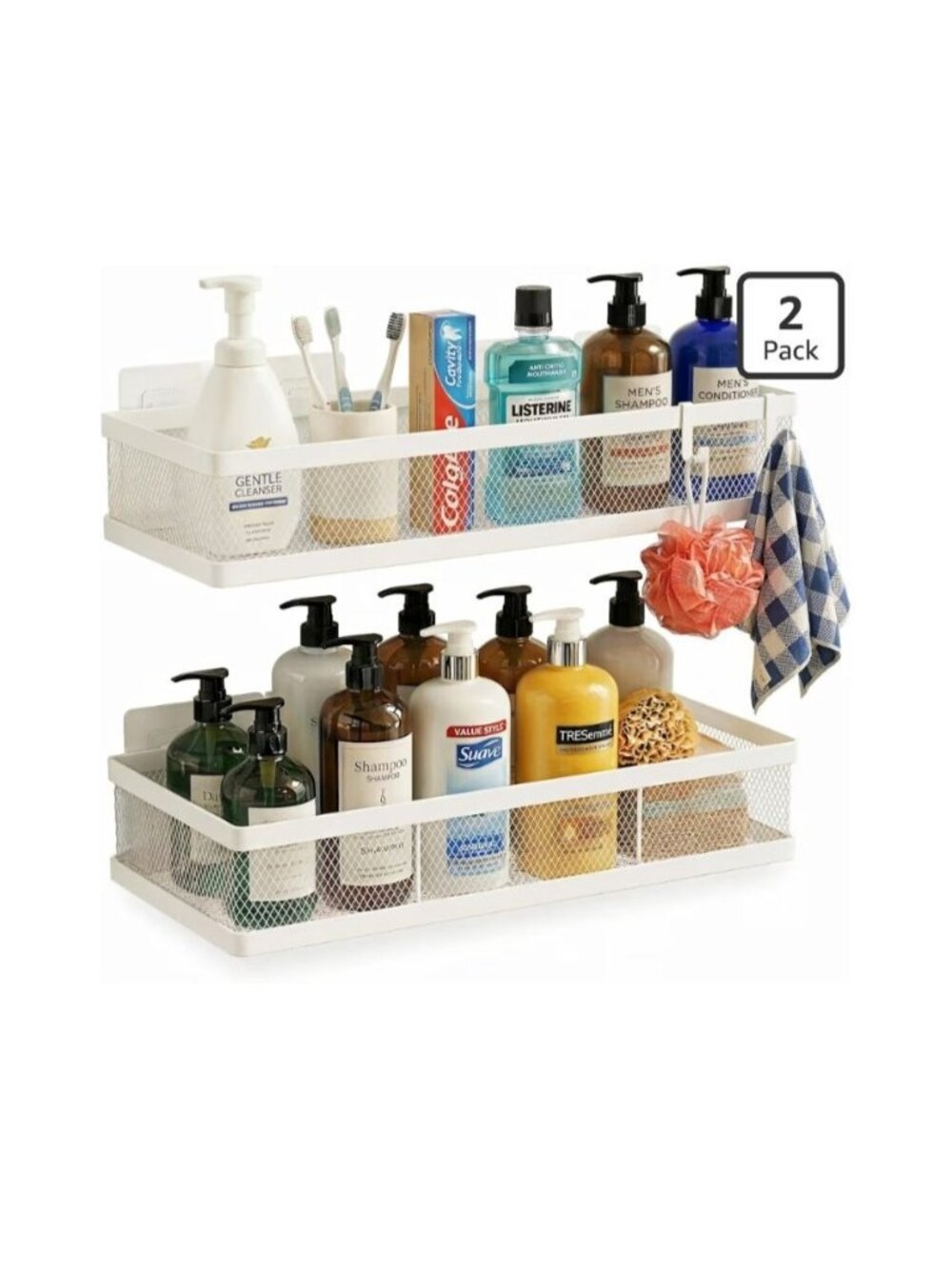 2 Pack Mesh Shower Caddy Wall Mount Adhesive Bathroom Organizer Rustproof White